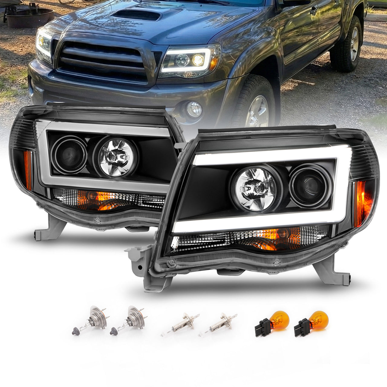 TOYOTA TACOMA 05-11 PROJECTOR LIGHT BAR STYLE HEADLIGHTS BLACK CLEAR AMBER  (W/ C LIGHT BAR)