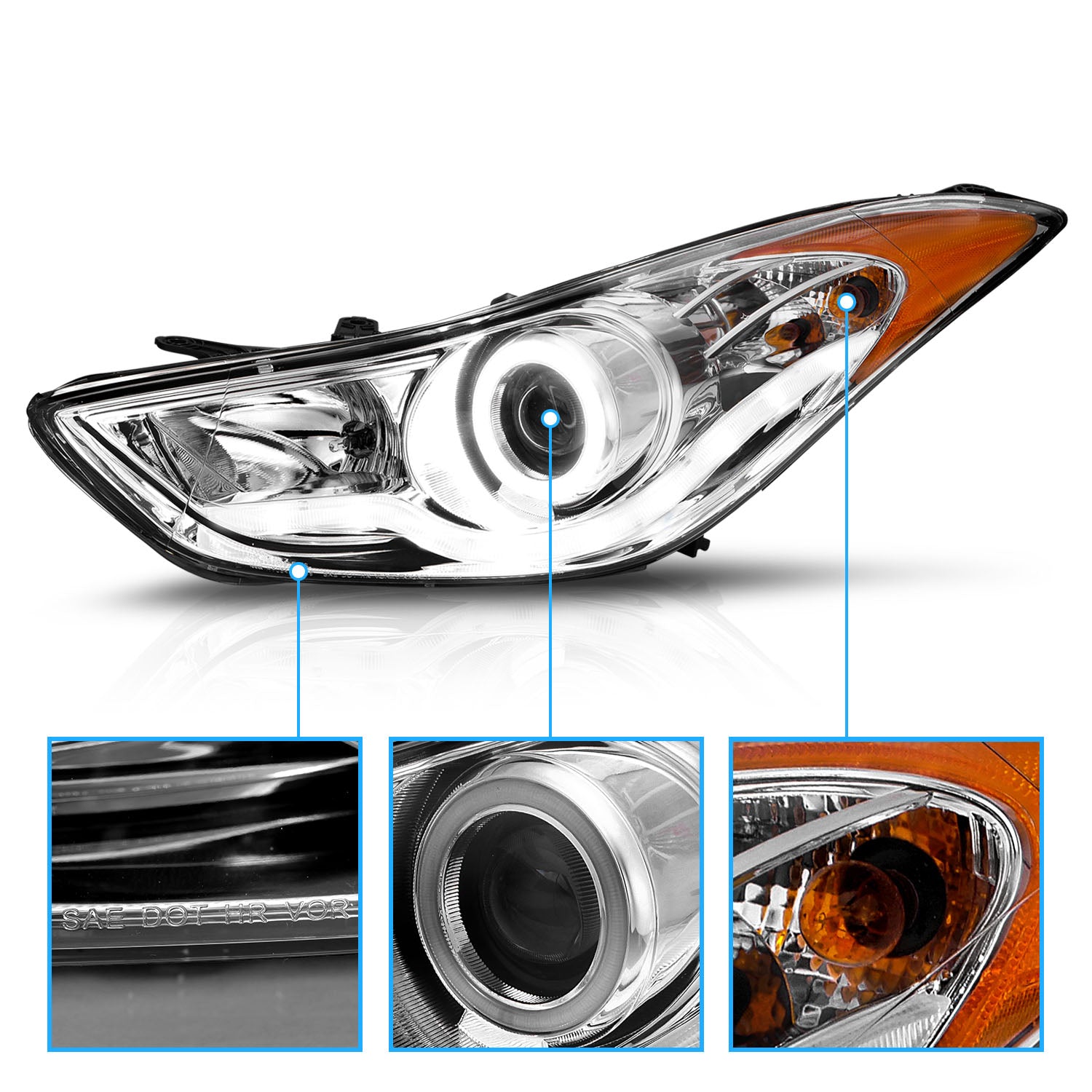 HYUNDAI ELANTRA 11-13 PROJECTOR HEADLIGHTS HALO CHROME CLEAR AMBER (RX HALO)