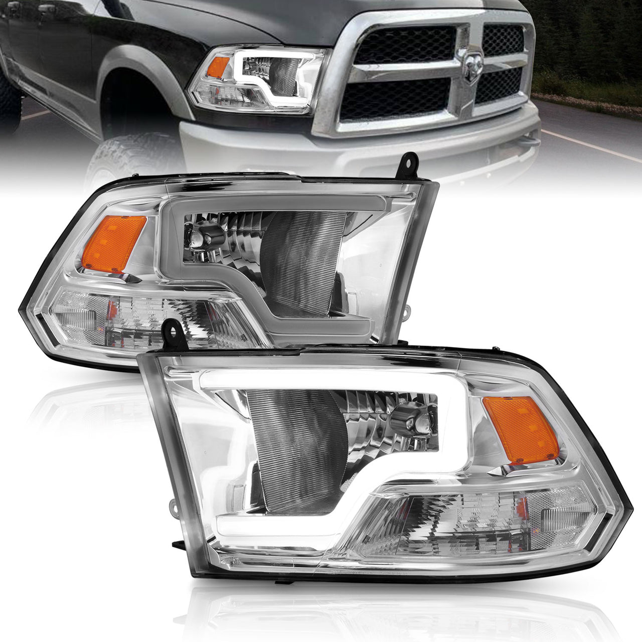 DODGE RAM 09-20 LIGHT BAR STYLE HEADLIGHTS CHROME HOUSING G2 AMBER (HALOGEN TYPE)