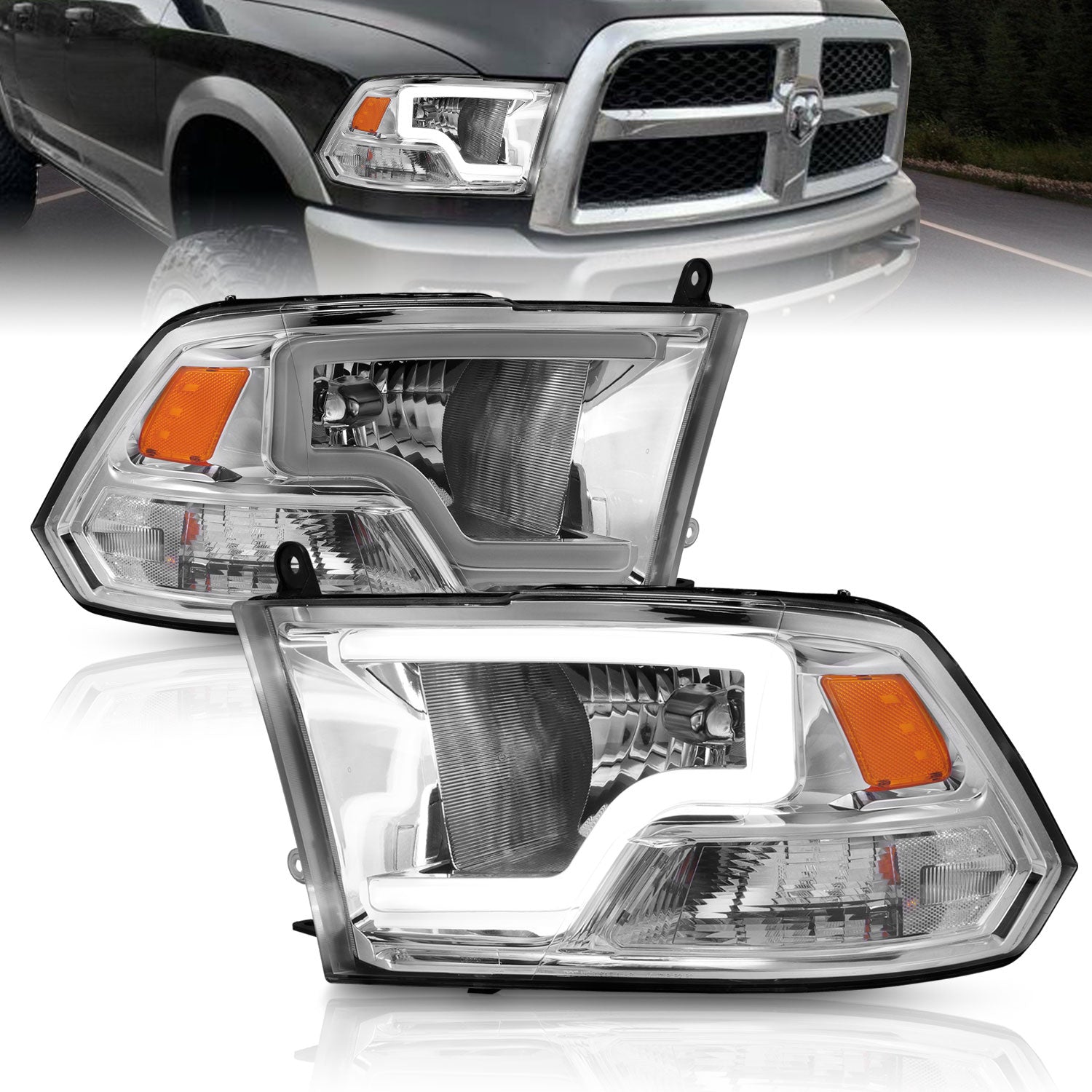 DODGE RAM 09-20 LIGHT BAR STYLE HEADLIGHTS CHROME HOUSING G2 AMBER (HALOGEN TYPE)