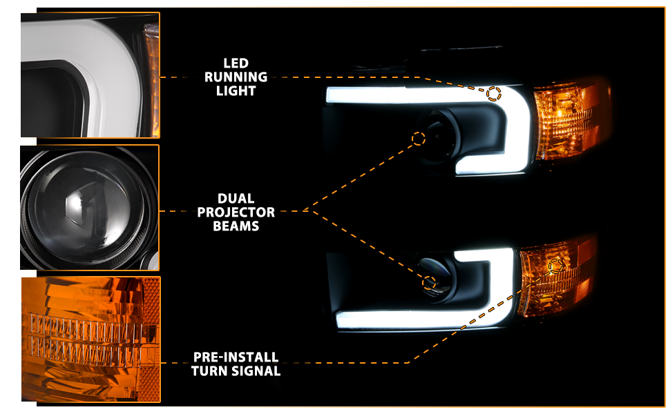 CHEVY SILVERADO 2500HD/3500HD 15-17 PROJECTOR LIGHT BAR STYLE HEADLIGHTS BLACK AMBER (BLACK RIM)