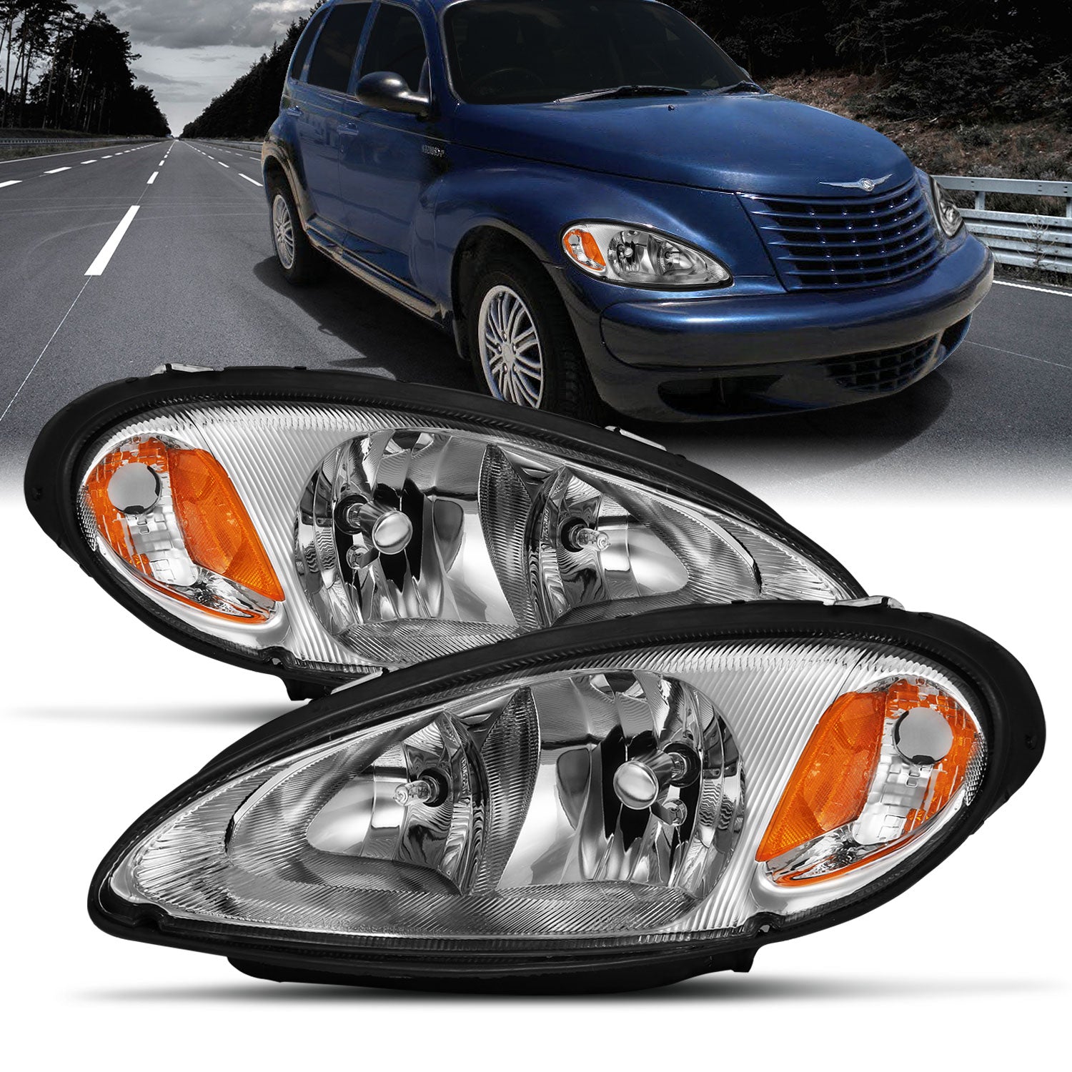CHRYSLER PT CRUISER 01-05 HEADLIGHTS CHROME AMBER (OE REPLACEMENT)
