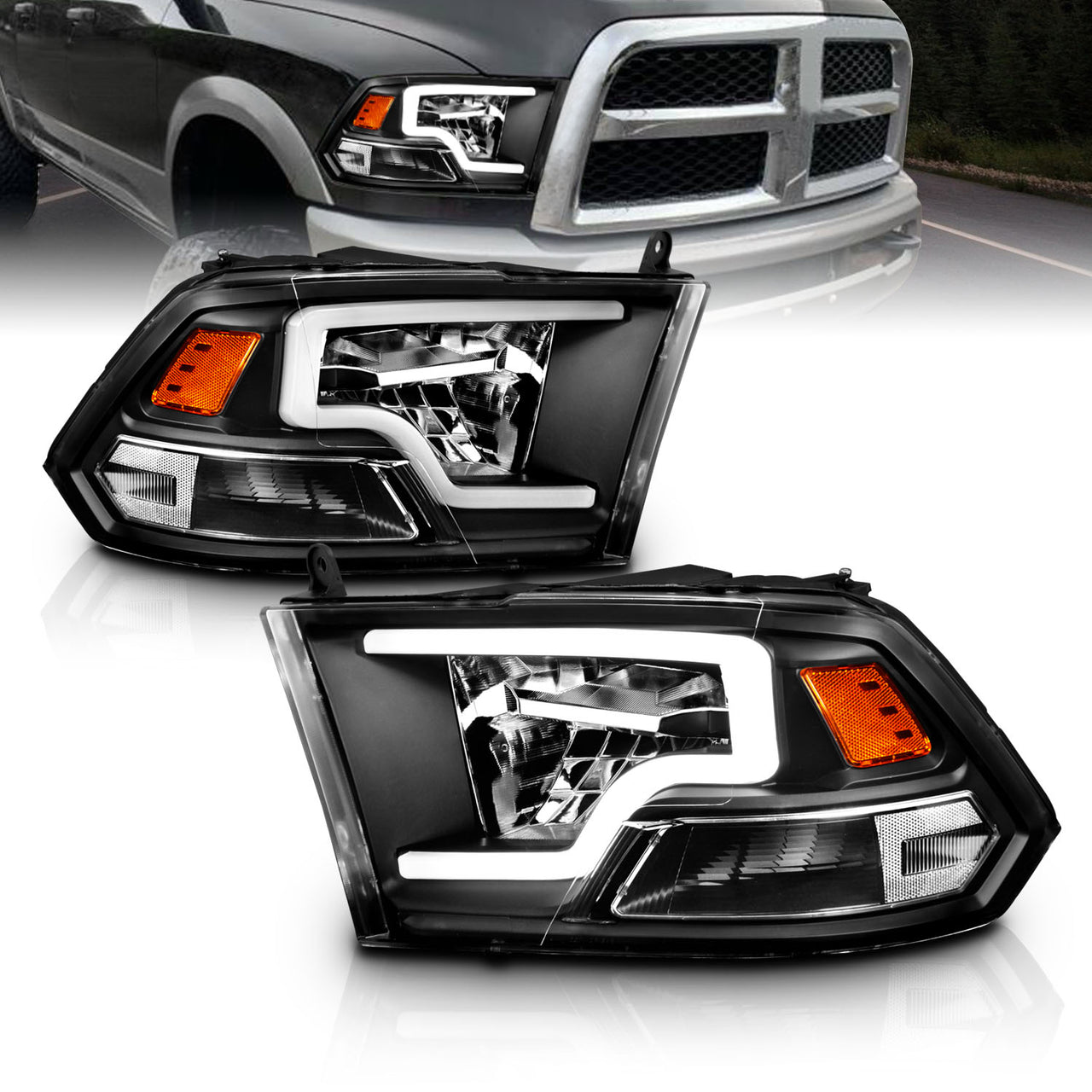 DODGE RAM 1500 09-20(W/O QUAD) / RAM 2500/3500 10-18 FULL LED HEADLIGHTS BLACK AMBER  (LIGHT BAR) (HALOGEN TYPE)