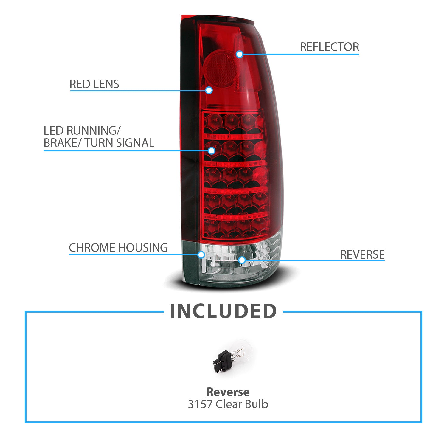 CHEVY /GMC C/K 1500/2500/3500 88-99, SUBURBAN/YUKON 92-00, TAHOE 94-00, BLAZER 92-94, CADILLAC ESCALADE 99-00 LED TAIL LIGHTS CHROME HOUSING RED/CLEAR LENS