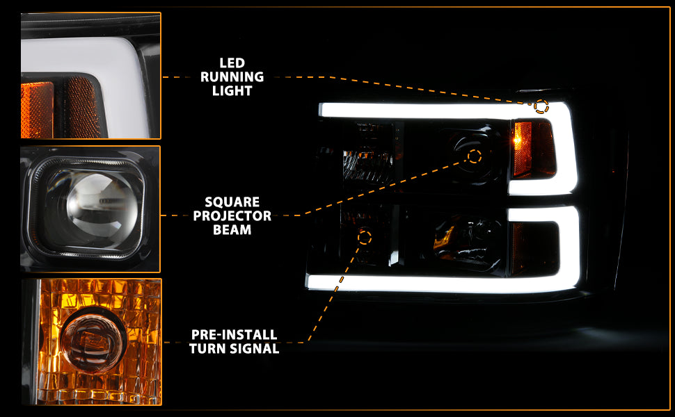 GMC SIERRA 07-10/1500 HYBRID 09-10 PROJECTOR LIGHT BAR STYLE HEADLIGHTS BLACK CLEAR AMBER
