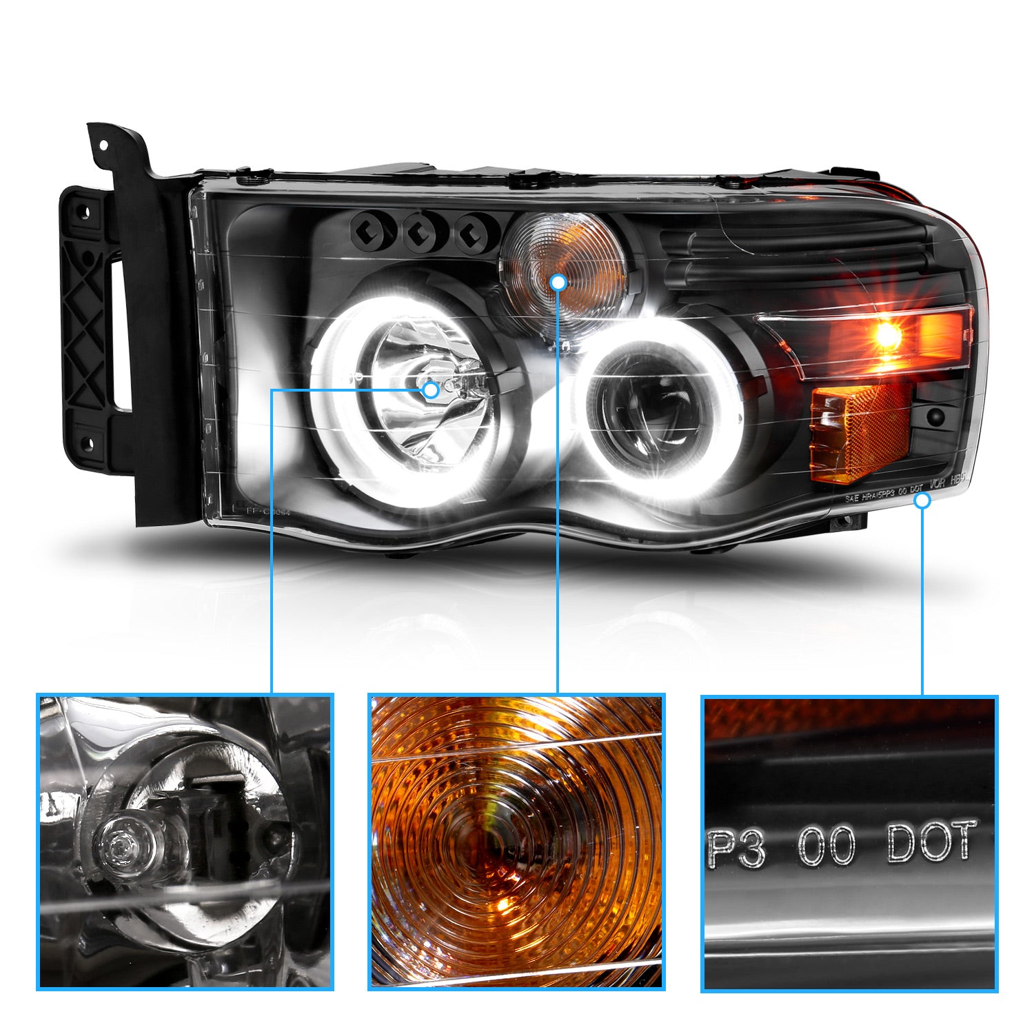 DODGE RAM 1500 02-05 - 2500/3500 03-05 PROJECTOR H.L WHITE PLUS LED HALO BLACK CLEAR AMBER