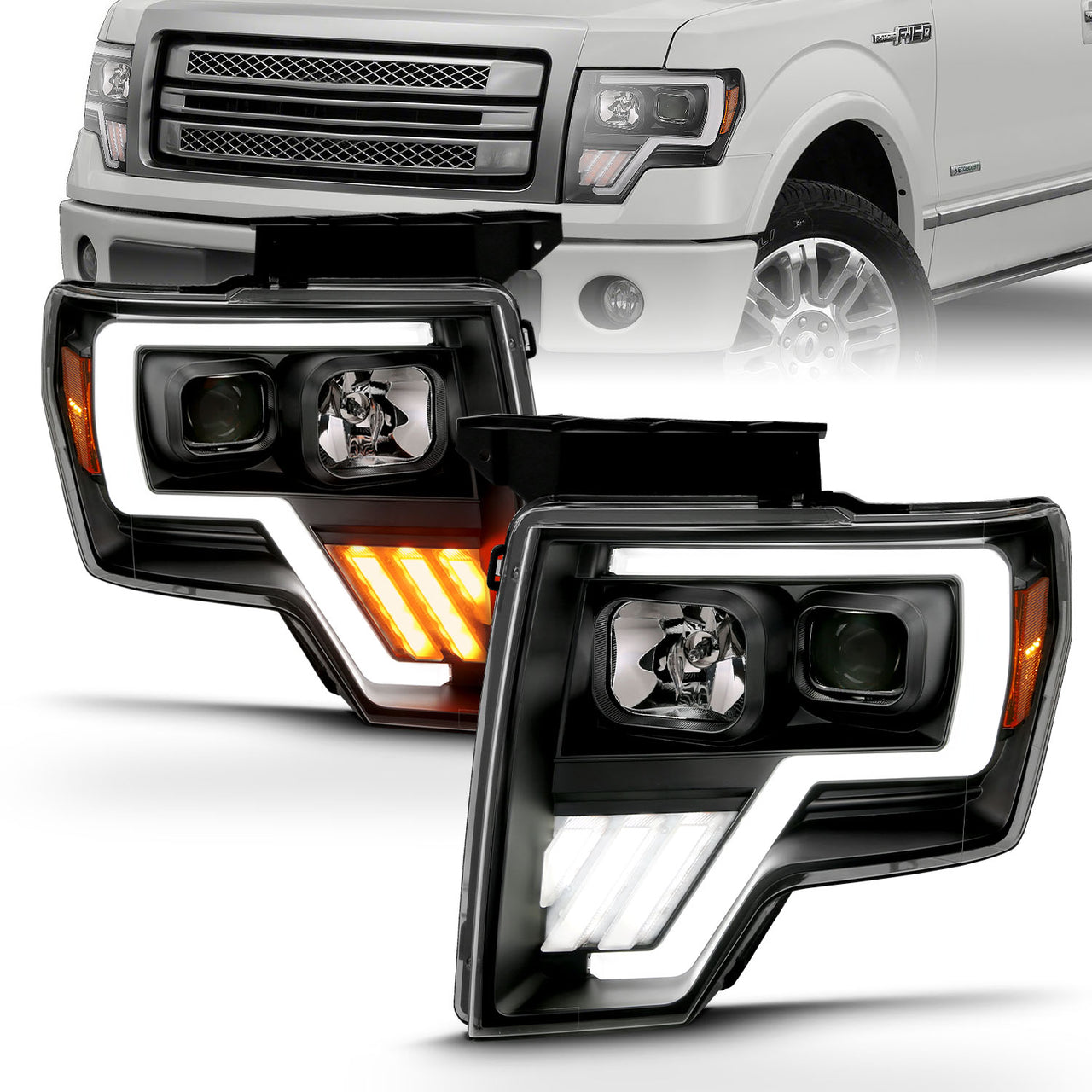FORD F-150 09-13 PROJECTOR LIGHT BAR STYLE G4 SWITCHBACK HEADLIGHTS BLACK AMBER