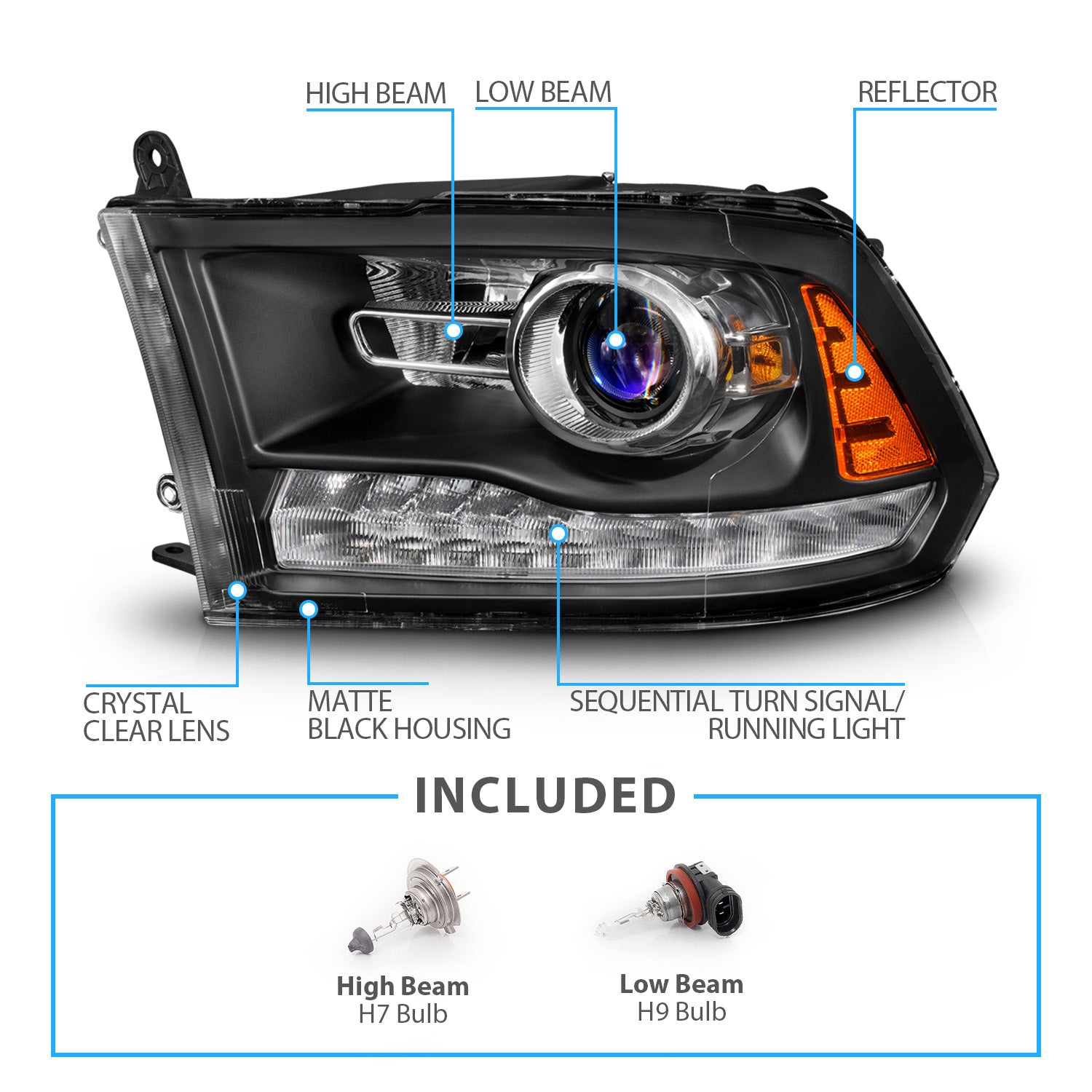 DODGE RAM 1500 09-19(09-12, W/O QUAD),  2500/3500 10-18 PROJECTOR HEADLIGHTS MIST BLACK HOUSING CLEAR LENS SEQUENTIAL LIGHT BAR