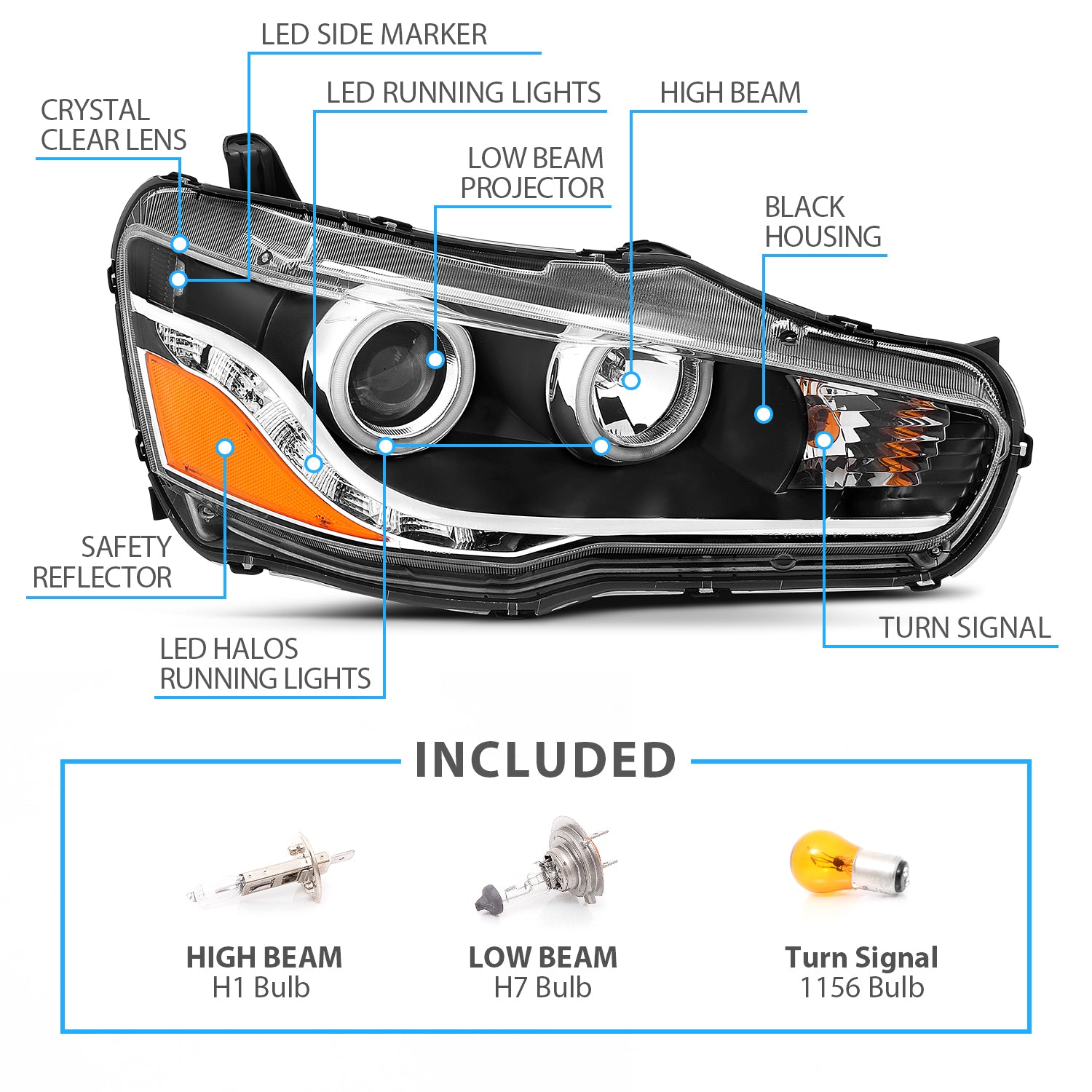 MITSUBISHI LANCER 08-15 PROJECTOR HEADLIGHTS HALO BLACK CLEAR AMBER (RX HALO)