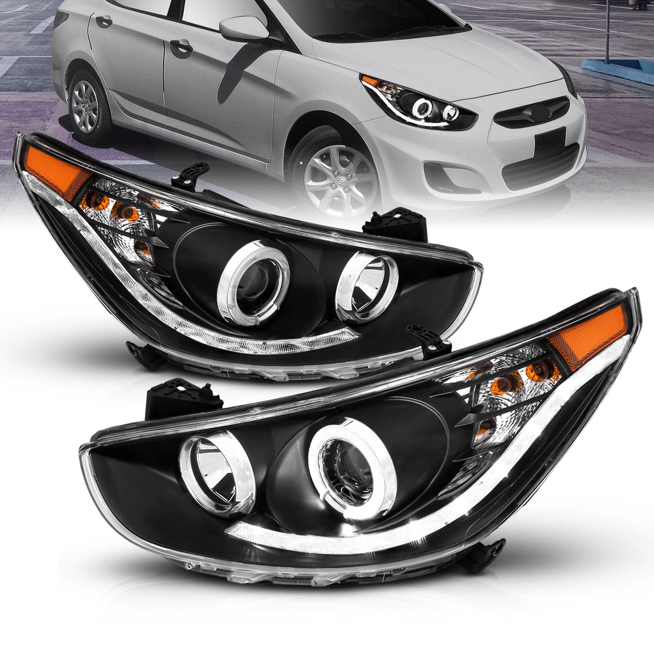 HYUNDAI ACCENT 11-13 4DR/HATCHBACK PROJECTOR HEADLIGHTS HALO BLACK CLEAR AMBER
