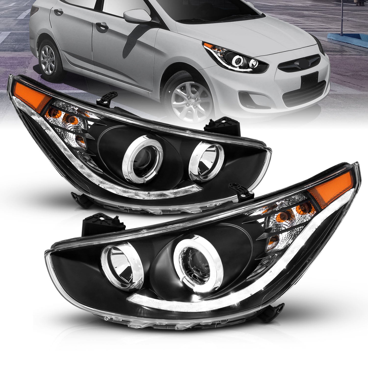 HYUNDAI ACCENT 11-13 4DR/HATCHBACK PROJECTOR HEADLIGHTS HALO BLACK CLEAR AMBER