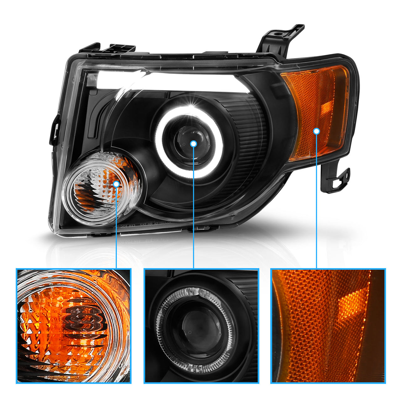 FORD ESCAPE 8-12  PROJECTOR LIGHT BAR STYLE HEADLIGHTS BLACK CLEAR AMBER (LED HALO)