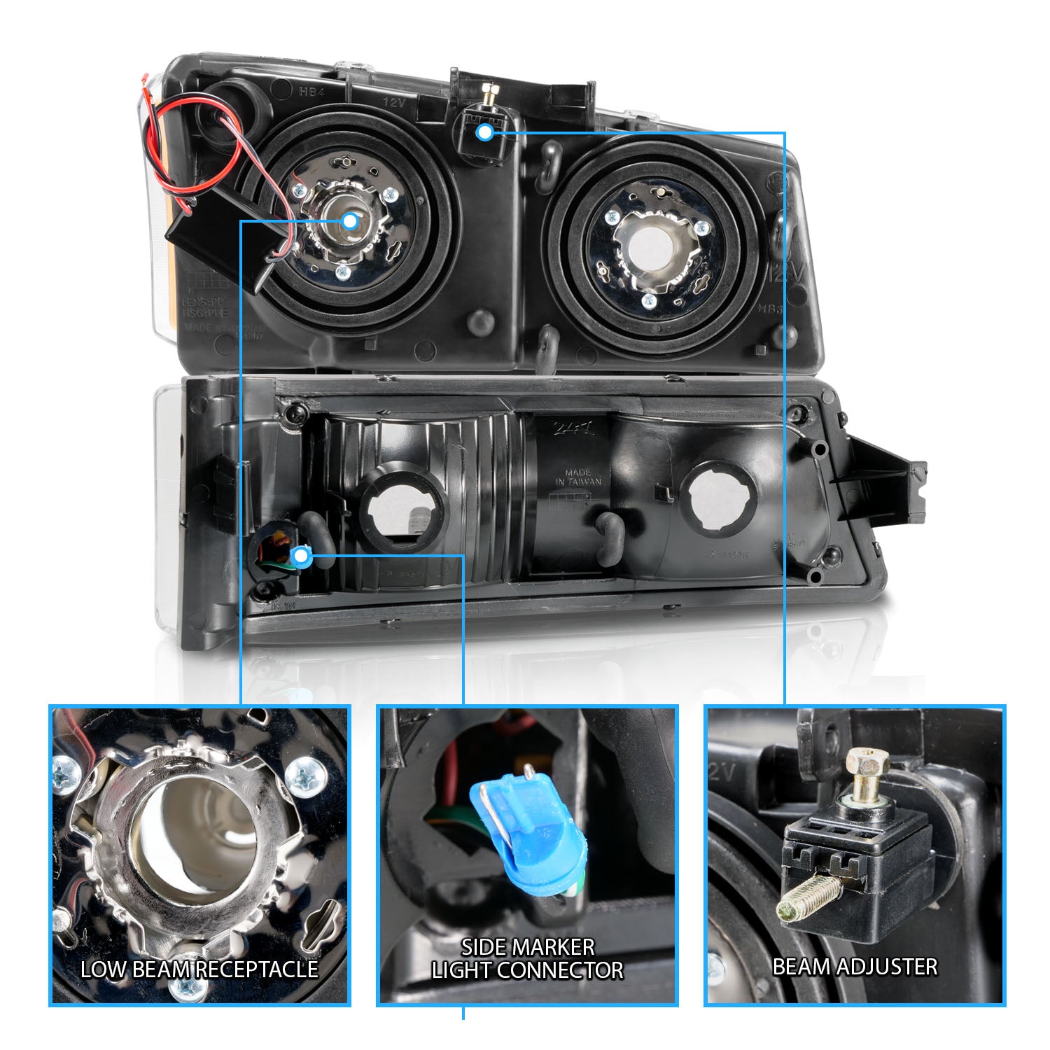 CHEVY SILVERADO 03-07/ AVALANCHE 02-06 HEADLIGHTS W/ SIGNAL LIGHT BLACK HOUSING AMBER (4 PCS) (W/ C LIGHT BAR) W/O BODY CLADDING