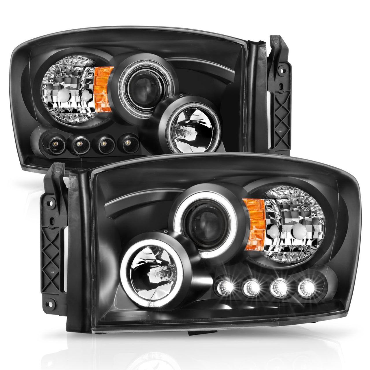 DODGE RAM 1500 06-08/ 2500/3500 06-09  PROJECTOR HEADLIGHTS HALO BLACK CLEAR AMBER