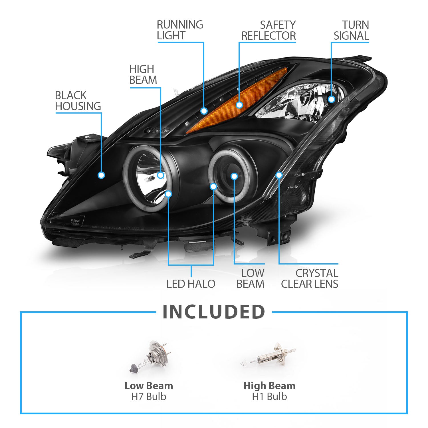 NISSAN ALTIMA 08-09 PROJECTOR 2D HEADLIGHTS BLACK CLEAR AMBER (RX HALO)