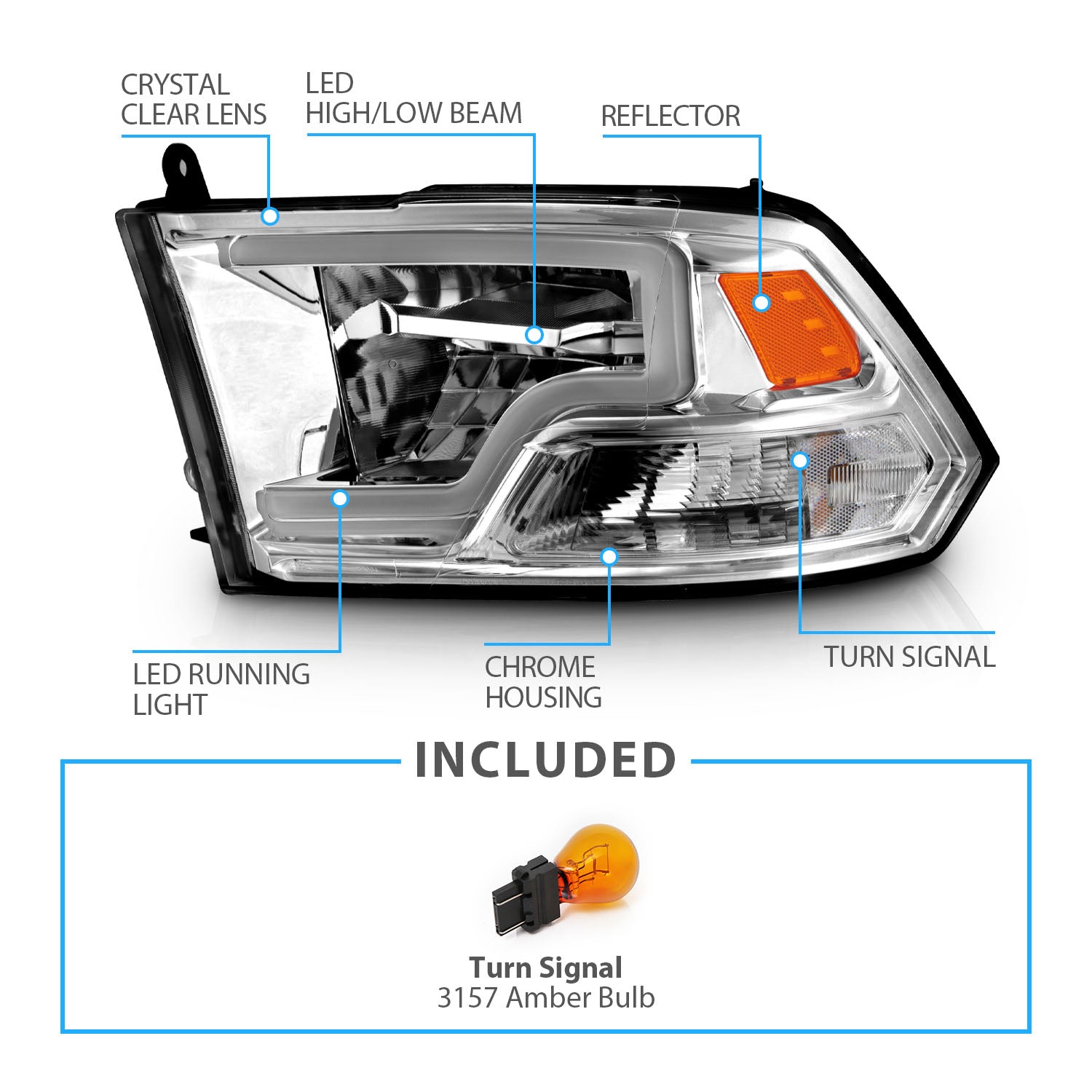 DODGE RAM 1500 09-20(W/O QUAD) / RAM 2500/3500 10-18 FULL LED HEADLIGHTS CHROME AMBER (LIGHT BAR)  (HALOGEN TYPE)