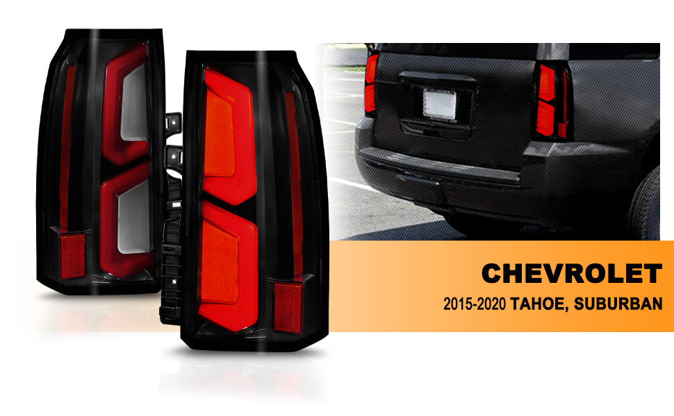 CHEVY TAHOE/SUBURBAN 15-20 LED TAIL LIGHTS BLACK HOUSING SMOKE LENS W/ C-LIGHT BAR