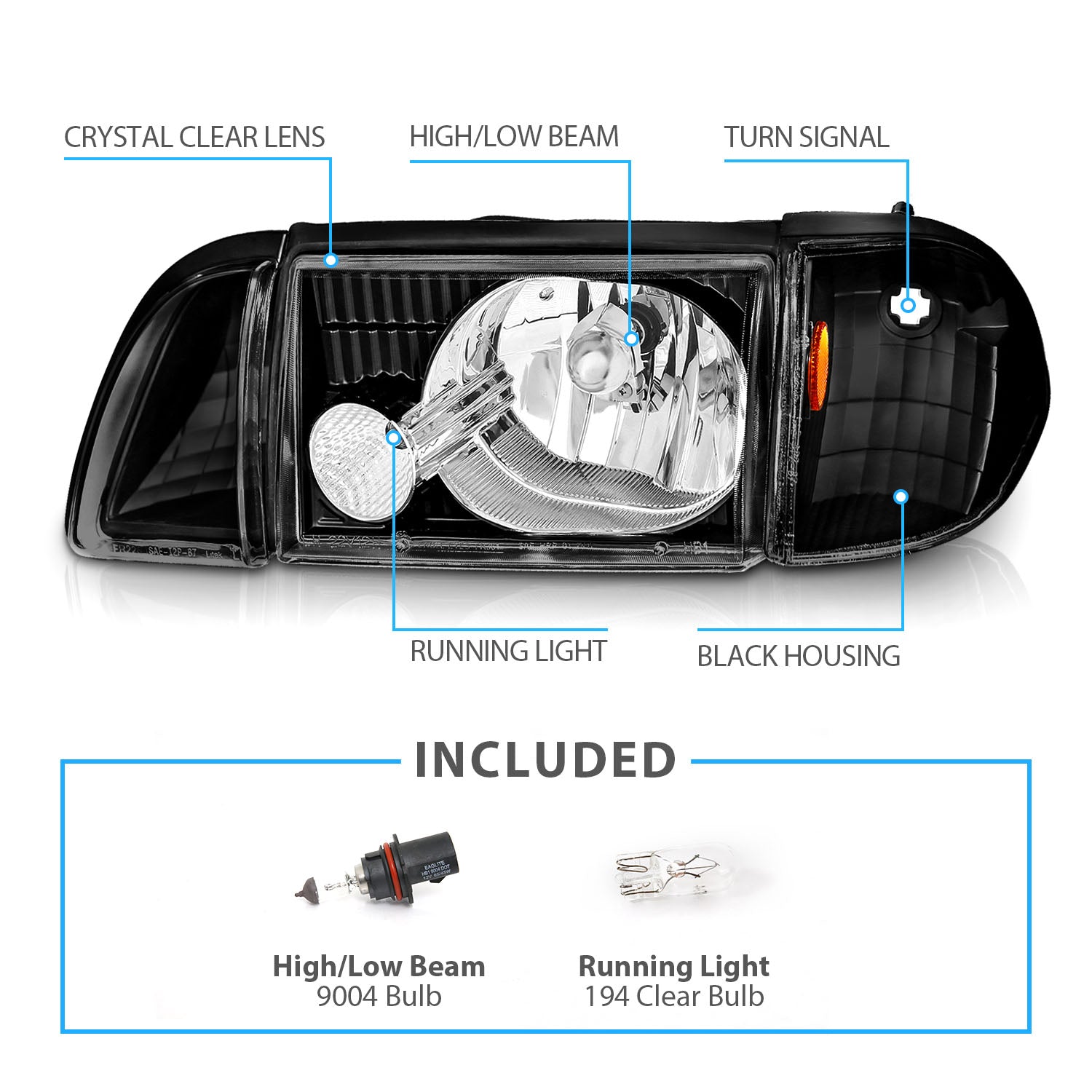 FORD MUSTANG 87-93 CRYSTAL HEADLIGHTS BLACK SET W/ CORNER & PARKING