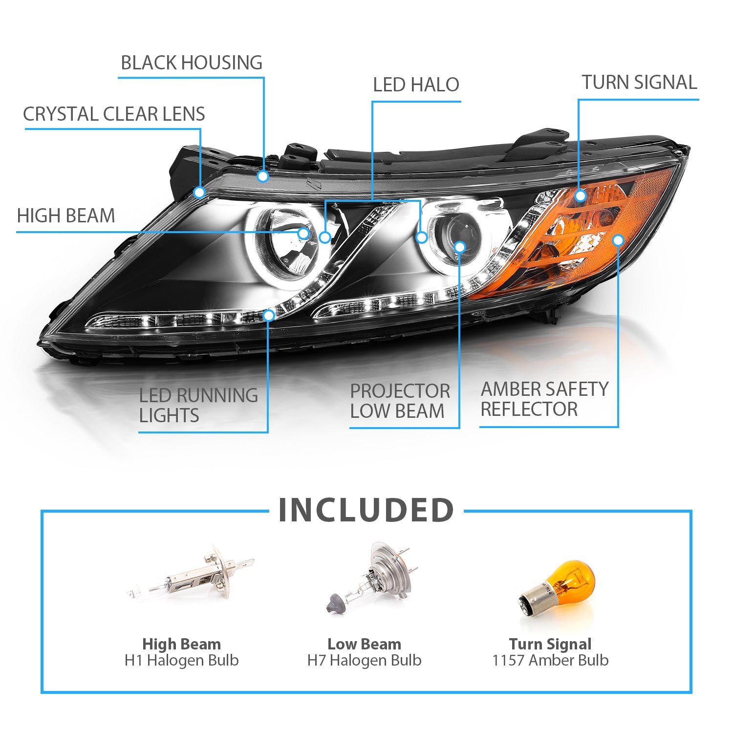 KIA OPTIMA 11-15 PROJECTOR HEADLIGHTS HALO BLACK CLEAR AMBER (RX HALO)
