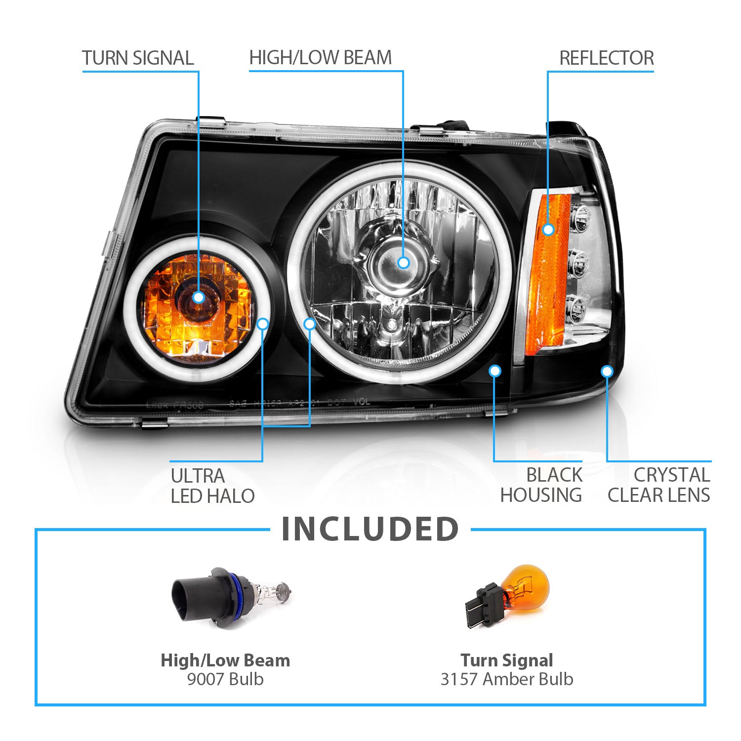 FORD RANGER 01-09 HEADLIGHTS HALO 1PC BLACK AMBER (RX HALO)