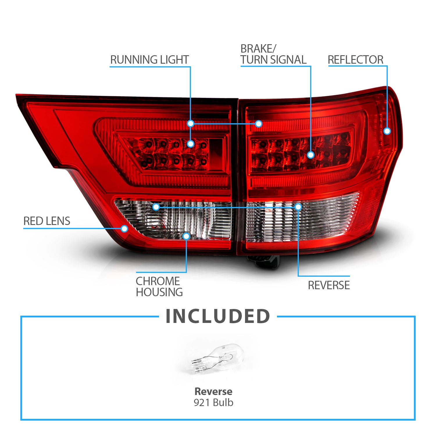 JEEP GRAND CHEROKEE 11-13 LED TAIL LIGHTS 4PCS RED/CLEAR W/ C LIGHT BAR
