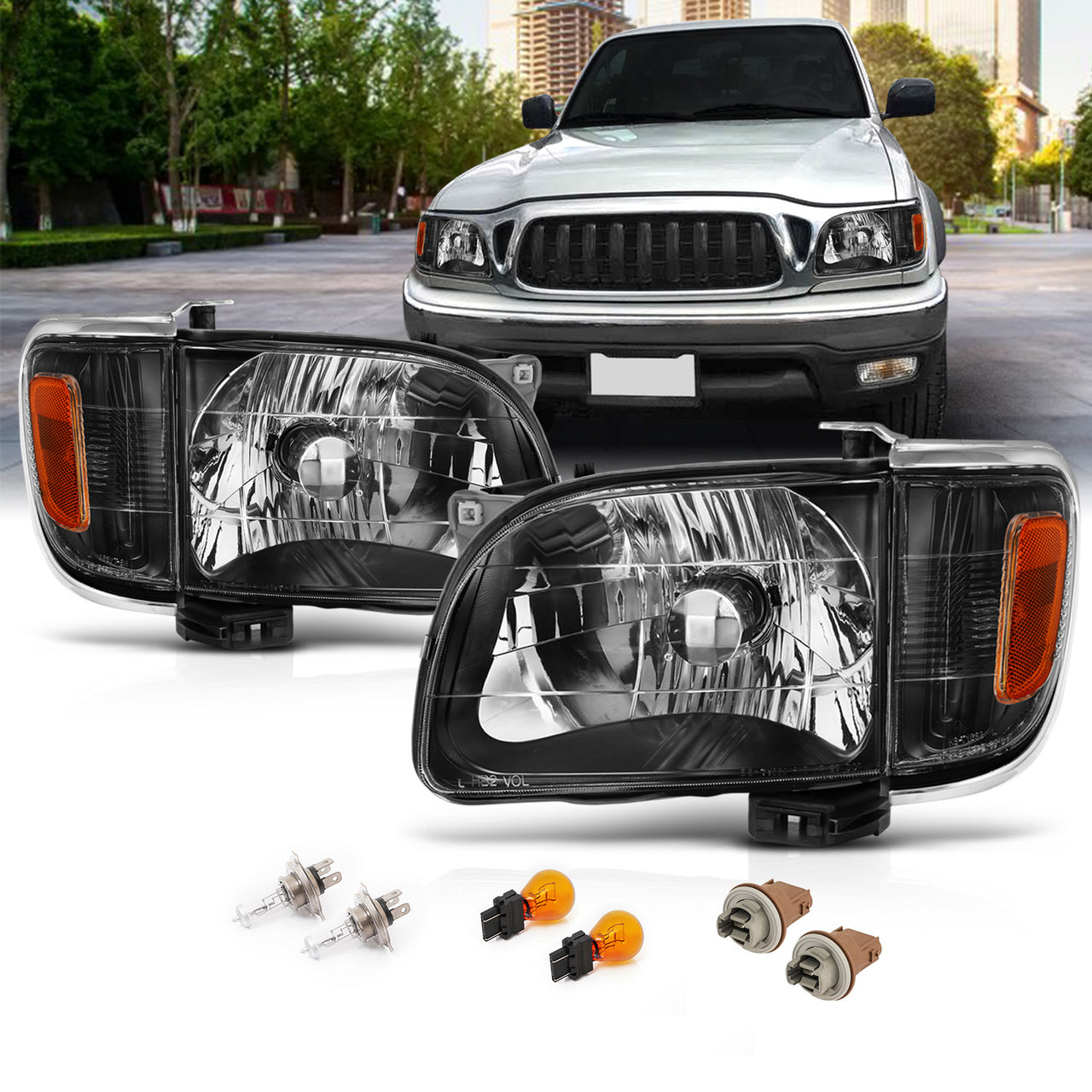 TOYOTA TACOMA 01-04 HEADLIGHTS BLACK W/ CORNER LIGHTS AMBER