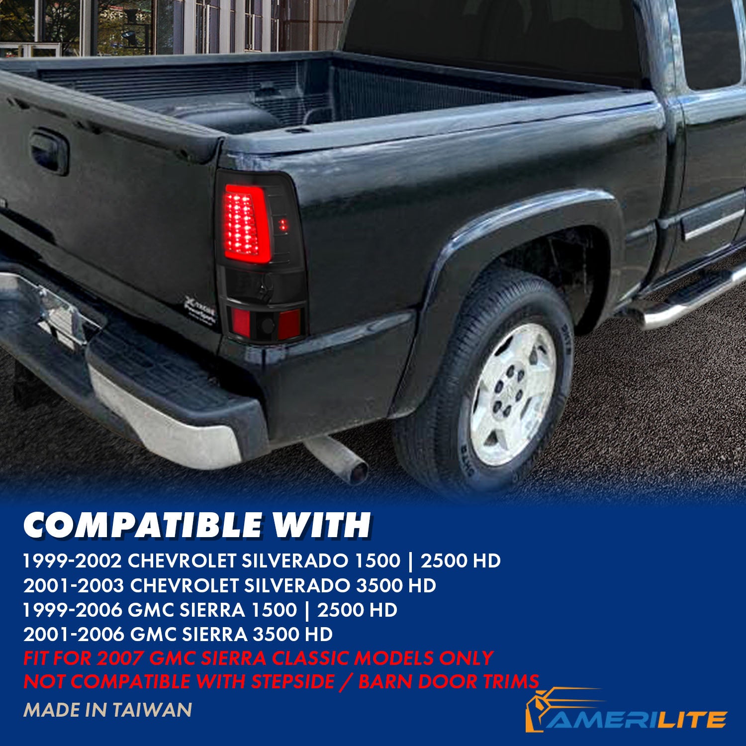 GMC SIERRA 99-07/CHEVY SILVERADO 99-03 (1500/2500 SERIES 99-02 & 3500 SERIES 2003) LED TAIL LIGHTS BLACK HOUSING SMOKE LENS  W/ C LIGHT BAR (3 HOLE)