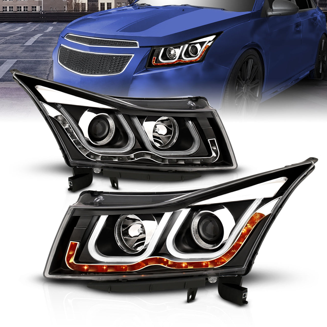CHEVY CRUZE 2011 PROJECTOR HEADLIGHTS LIGHT BAR STYLE BLACK CLEAR