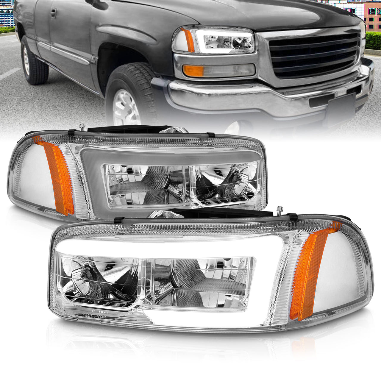 GMC SIERRA/SIERRA DENALI 99-07/SIERRA CLASSIC 2007/ YUKON/YUKON XL/YUKON DENALI 00-06 HEADLIGHTS  CHROME AMBER  (W/ C LIGHT BAR)