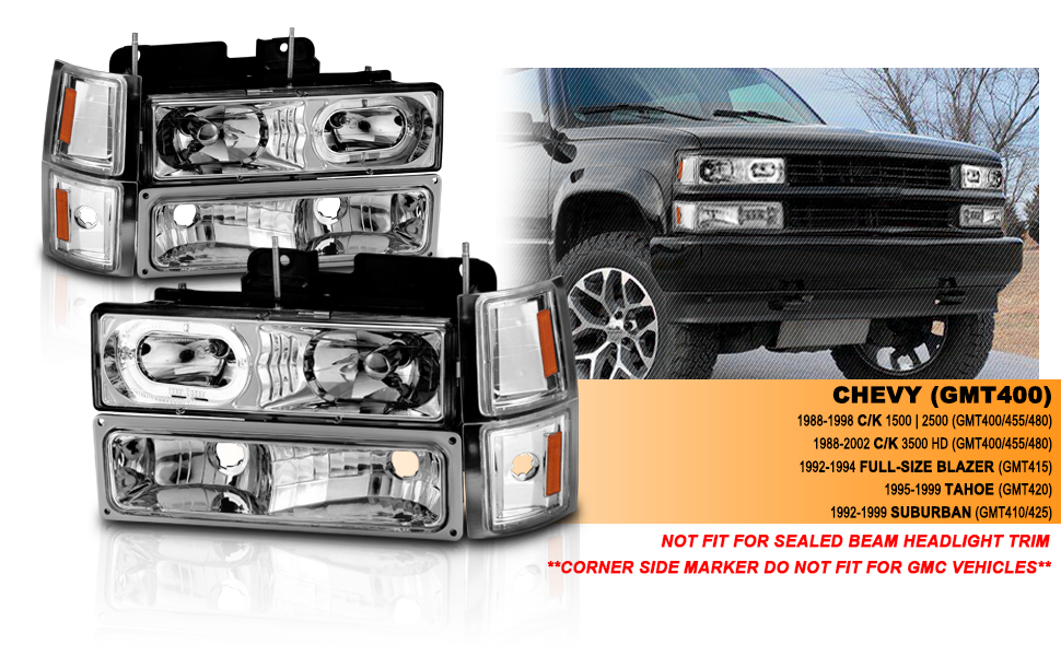 CHEVY CK / C10 /SILVERADO/ TAHOE / SUBURBAN/BLAZER 94-98 CRYSTAL HEADLIGHTS HALO CHROME HOUSING  W/ SIGNAL & SIDE MARKERS AMBER (8PCS)