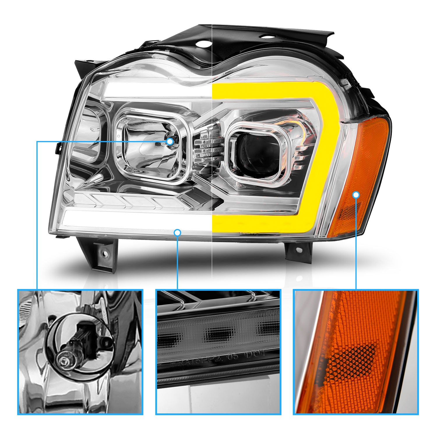 JEEP GRAND CHEROKEE 05-07 PROJECTOR SWITCHBACK HEADLIGHTS CHROME AMBER