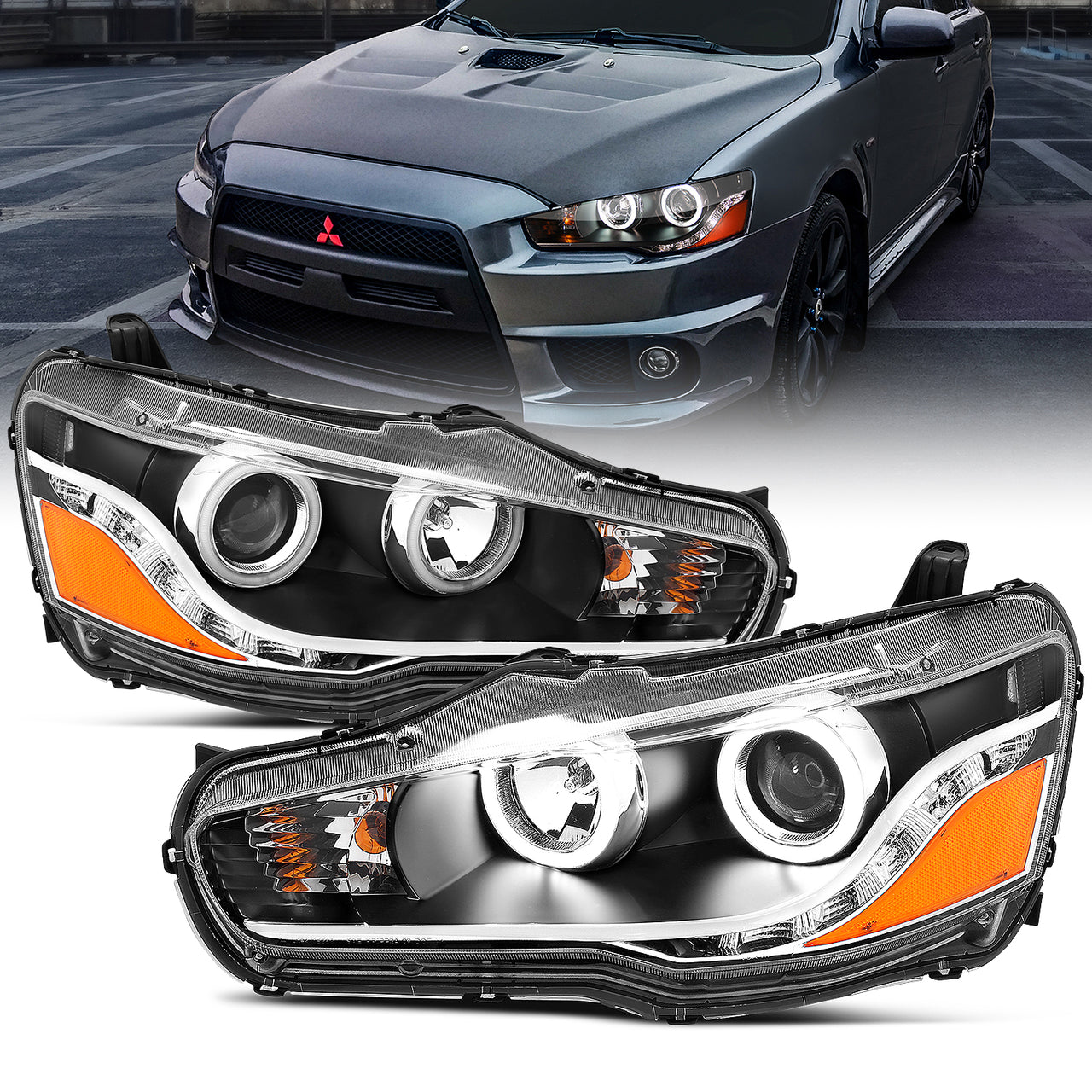 MITSUBISHI LANCER 08-15 PROJECTOR HEADLIGHTS HALO BLACK CLEAR AMBER (RX HALO)