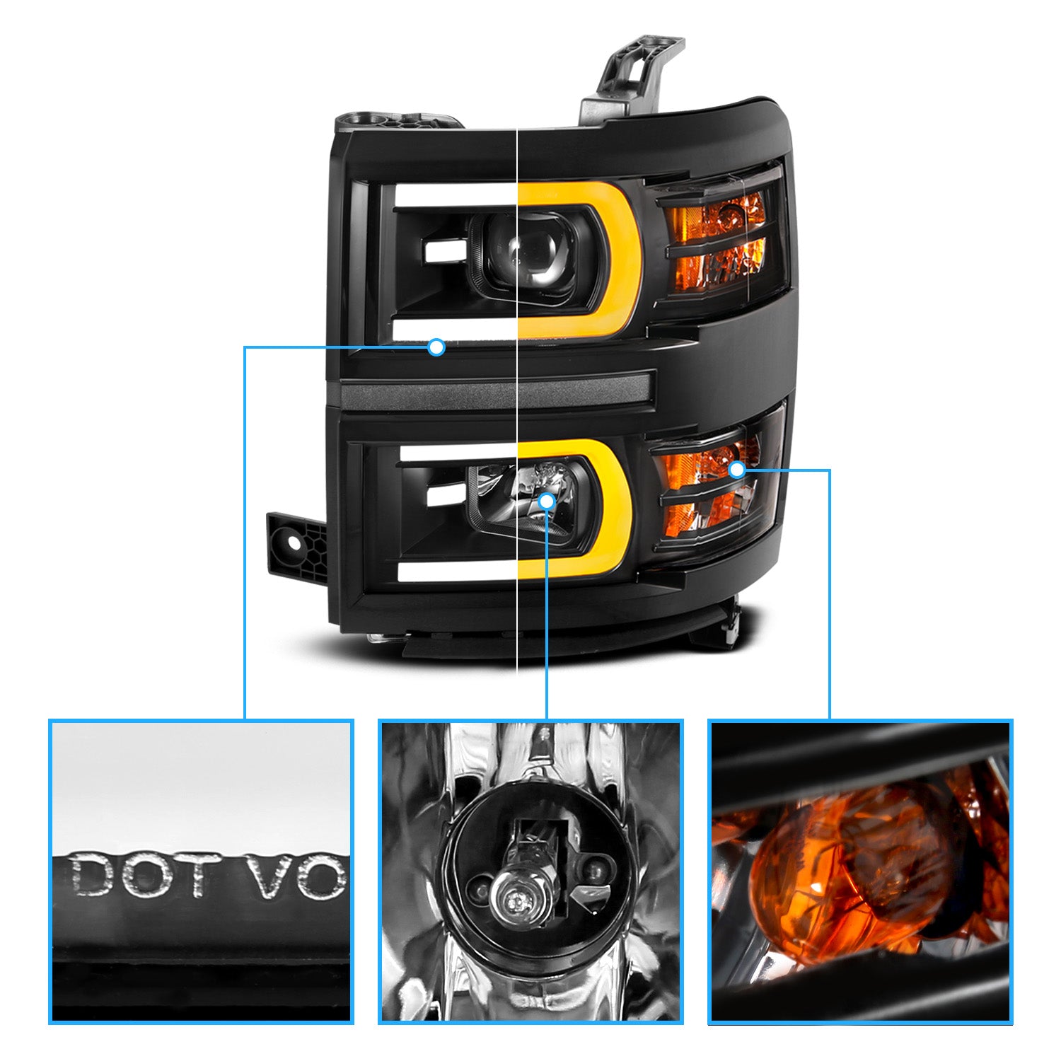CHEVY SILVERADO 14-15 PROJECTOR SWITCHBACK HEADLIGHTS BLACK AMBER