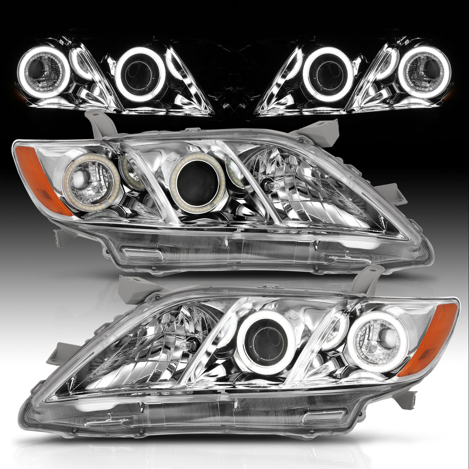 TOYOTA CAMRY 07-09 PROJECTOR HEADLIGHTS HALO CHROME CLEAR AMBER (RX HALO)