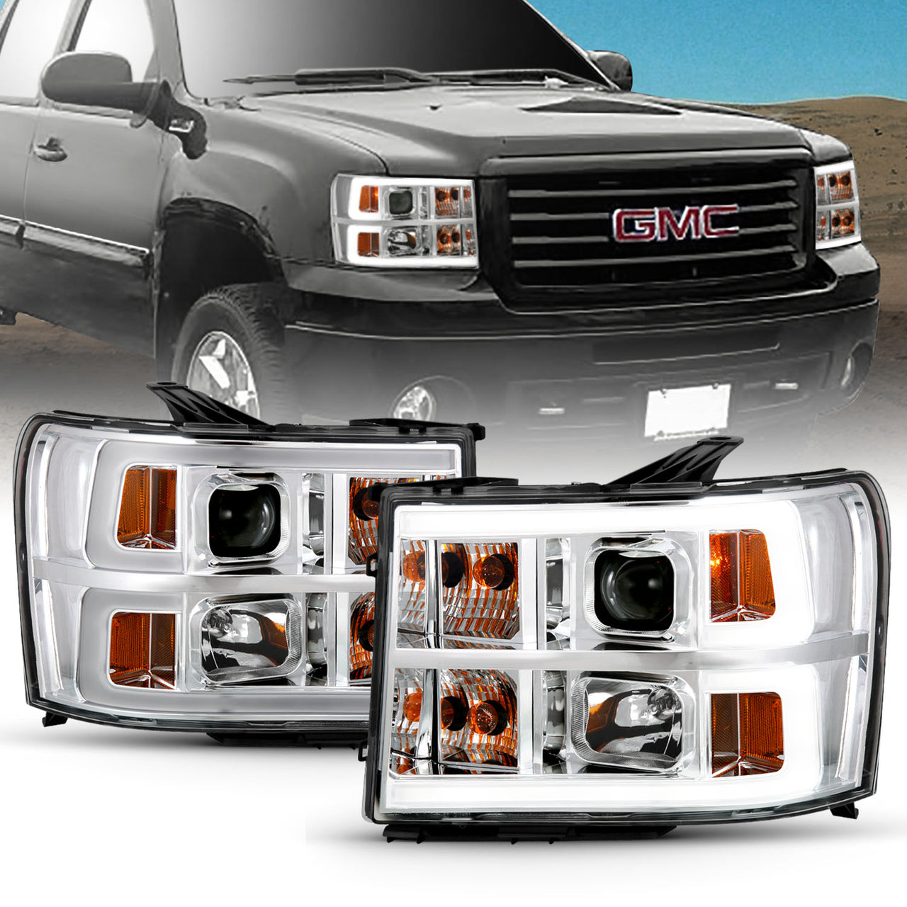 GMC SIERRA 07-10/1500 HYBRID 09-10 PROJECTOR LIGHT BAR STYLE HEADLIGHTS CHROME CLEAR AMBER