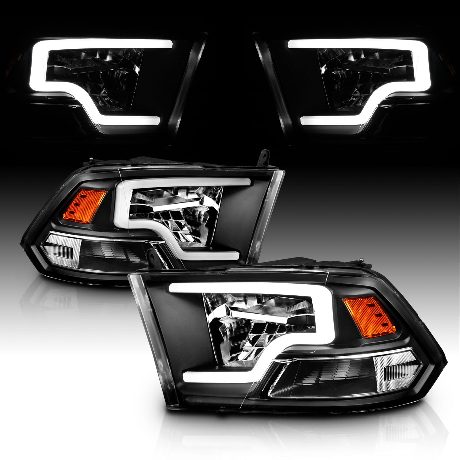 DODGE RAM 1500 09-20(W/O QUAD) / RAM 2500/3500 10-18 FULL LED HEADLIGHTS BLACK AMBER  (LIGHT BAR) (HALOGEN TYPE)