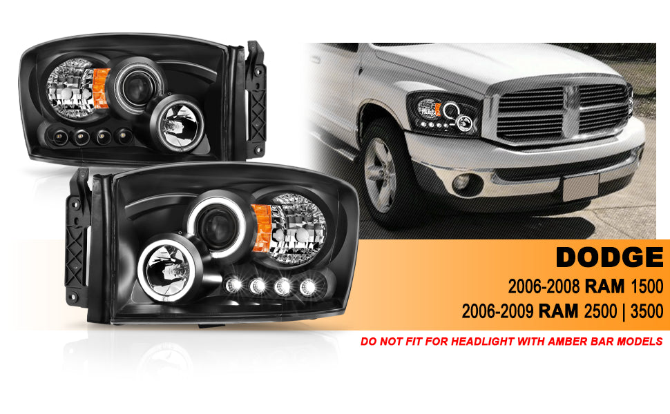 DODGE RAM 1500 06-08/ 2500/3500 06-09  PROJECTOR HEADLIGHTS HALO BLACK CLEAR AMBER