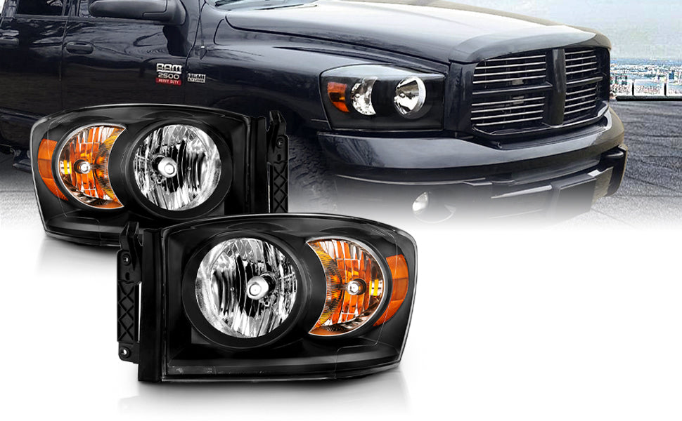 DODGE RAM 1500 06-08/ 2500/3500 06-09  HEADLIGHTS BLACK AMBER