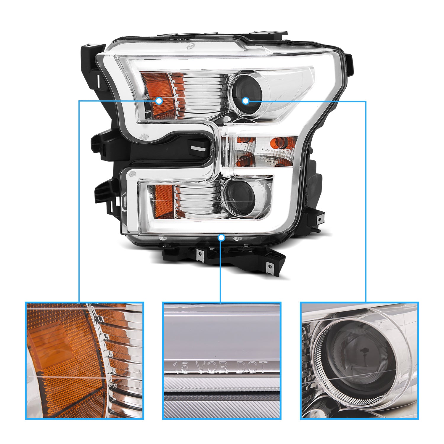 FORD F-150 15-17 PROJECTOR LIGHT BAR STYLE HEADLIGHTS CHROME CLEAR AMBER