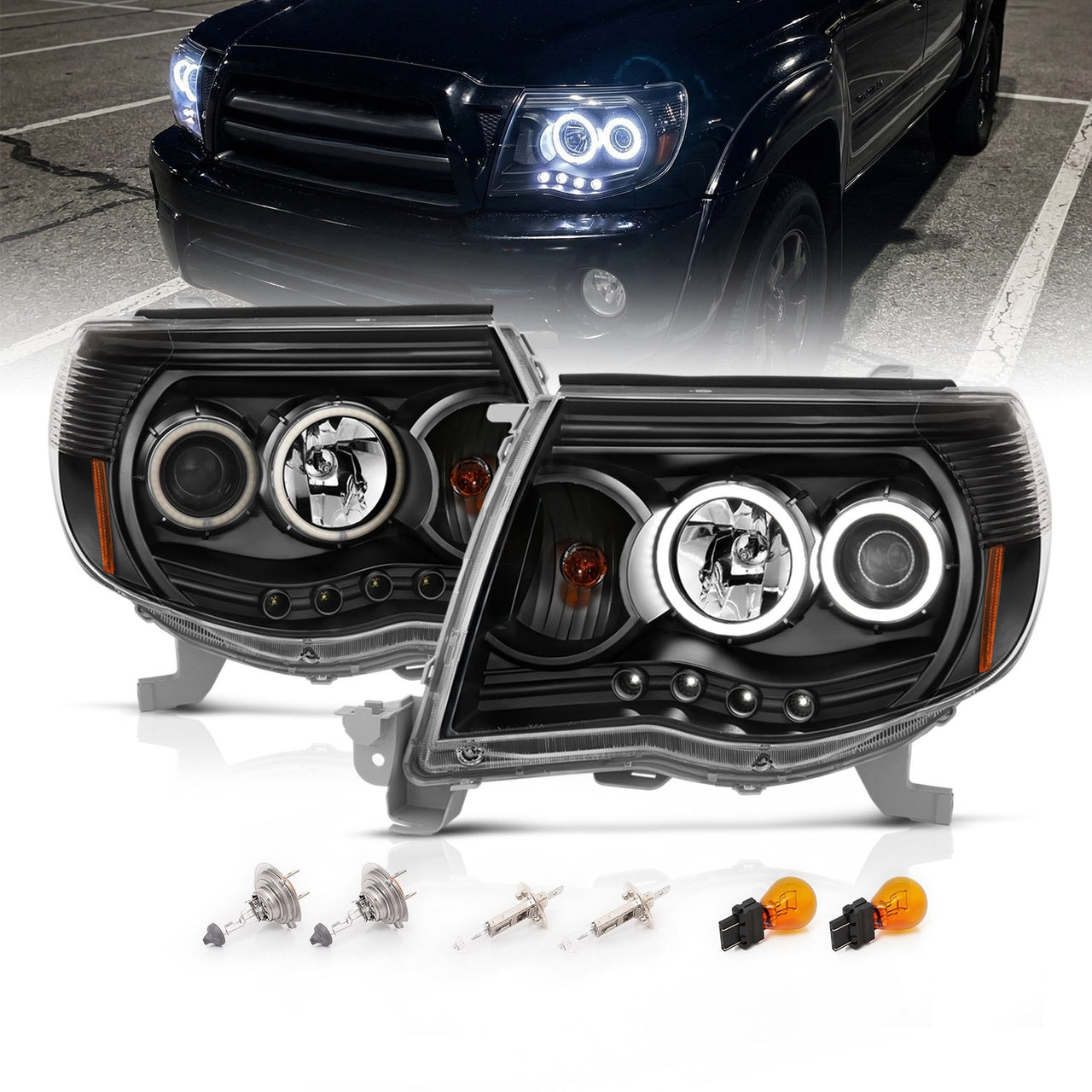 TOYOTA TACOMA 05-11 PROJECTOR HEADLIGHTS W/O CCFL BAR BLACK AMBER (RX HALO)