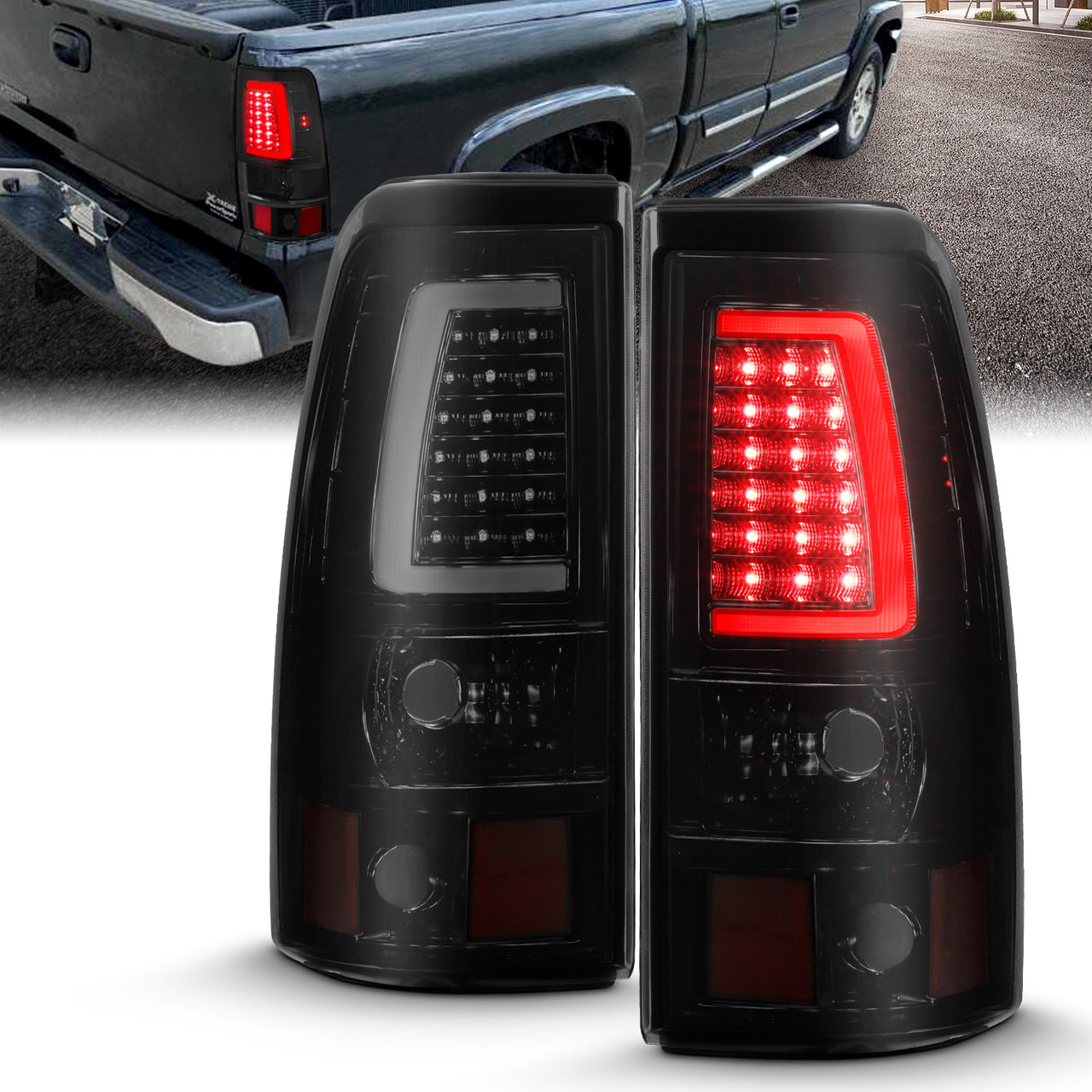 CHEVY SILVERADO 03-07 (1500/2500 SERIES 2003 & 1500/2500/3500 SRW SERIES LED TAIL LIGHTS BLACK HOUSING SMOKE LENS W/ C LIGHT BAR (3 HOLE)