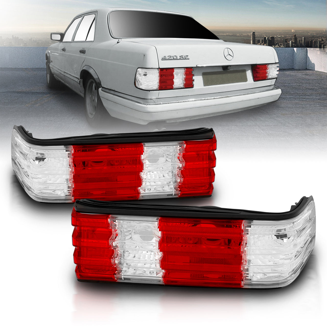 MBZ S CLASS W126 86-91 TAIL LIGHTS RED/CLEAR LENS
