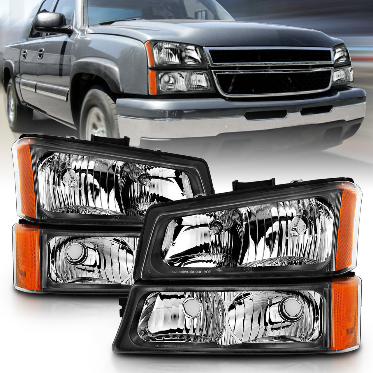 CHEVY SILVERADO 03-06 HEADLIGHTS W/ SIGNAL LIGHT BLACK AMBER (4 PCS)