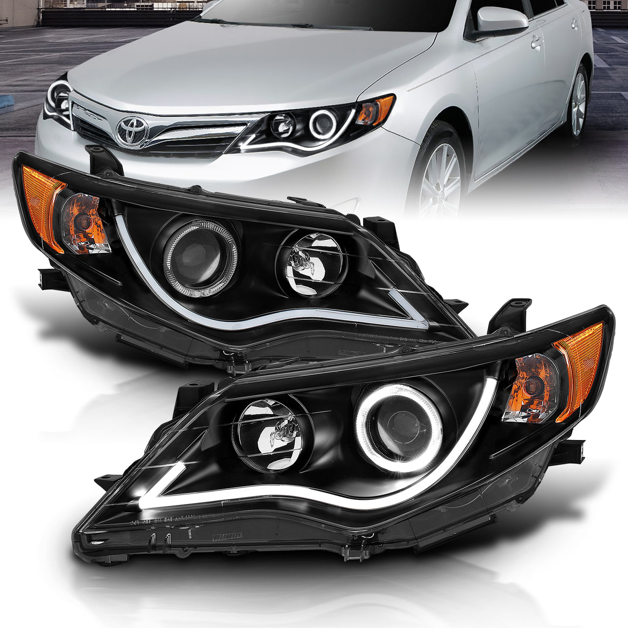 TOYOTA CAMRY 12-13 PROJECTOR HEADLIGHTS HALO BLACK CLEAR AMBER