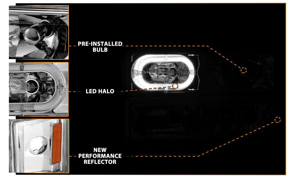 CHEVY CK / C10 /SILVERADO/ TAHOE / SUBURBAN/BLAZER 94-98 CRYSTAL HEADLIGHTS HALO CHROME HOUSING  W/ SIGNAL & SIDE MARKERS AMBER (8PCS)