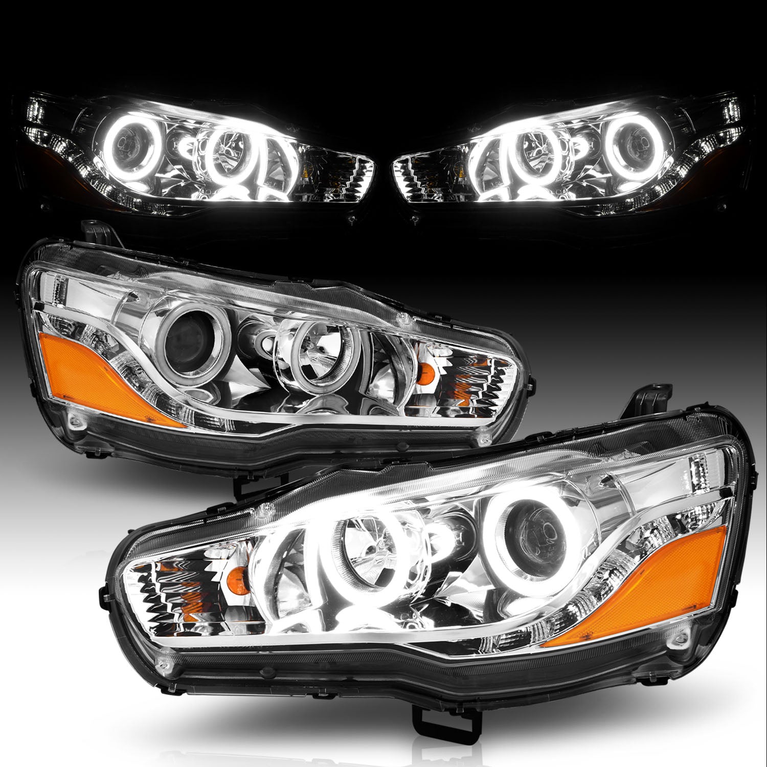 MITSUBISHI LANCER 08-15 PROJECTOR HEADLIGHTS HALO CHROME CLEAR AMBER (RX HALO)