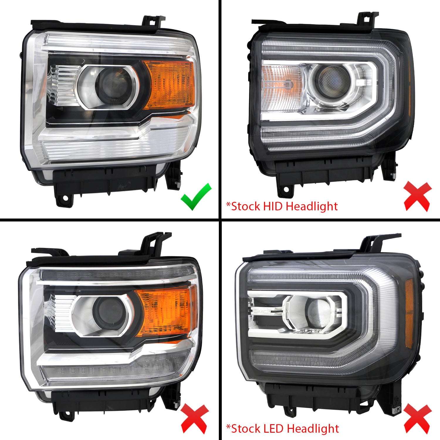GMC SIERRA 1500 14-15 2500HD/3500HD 15-17 PROJECTOR HEADLIGHTS CHROME G4 (SIMPLE DESIGN) HALOGEN TYPE MODEL W/O FACTORY DRL)