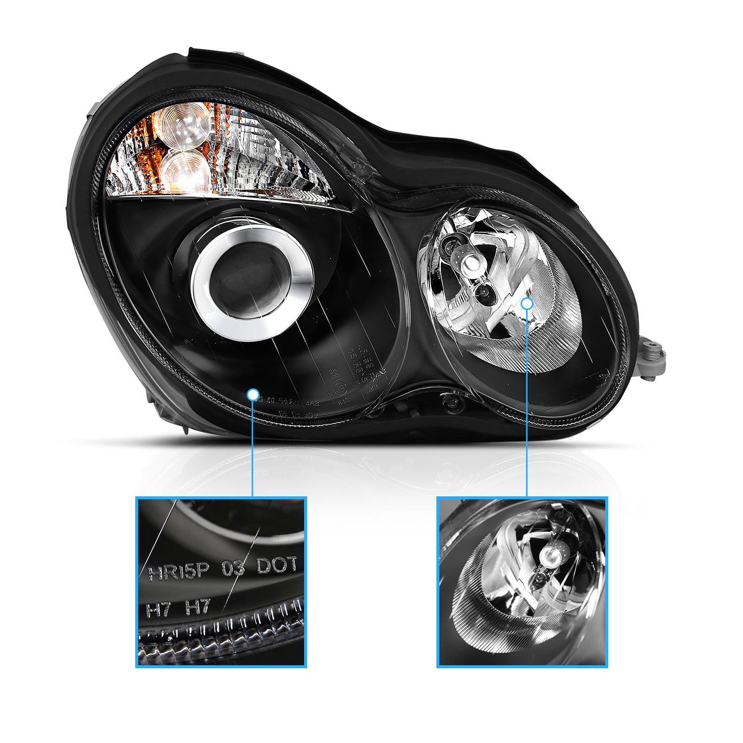 MBZ C CLASS W203 00-07 PROJECTOR HEADLIGHTS BLACK CLEAR