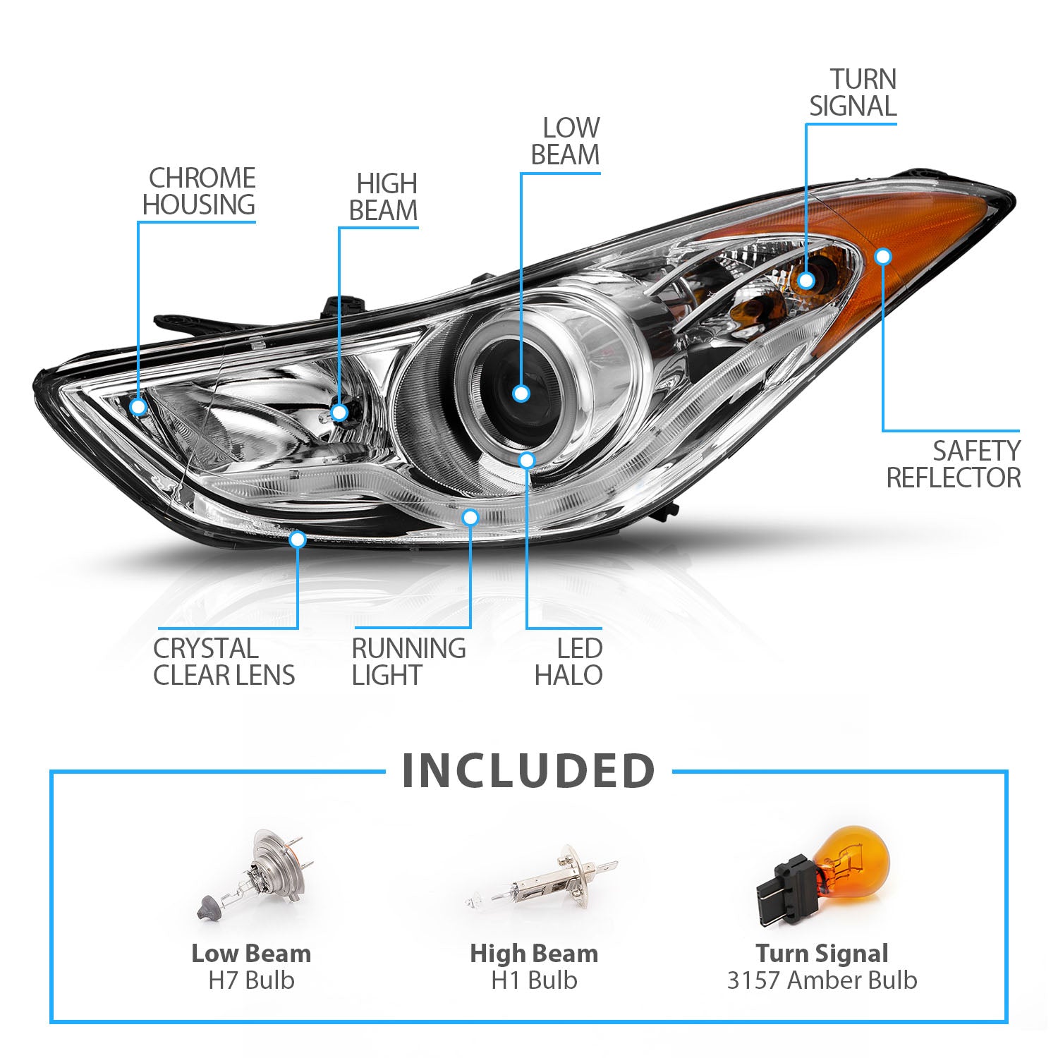 HYUNDAI ELANTRA 11-13 PROJECTOR HEADLIGHTS HALO CHROME CLEAR AMBER (RX HALO)