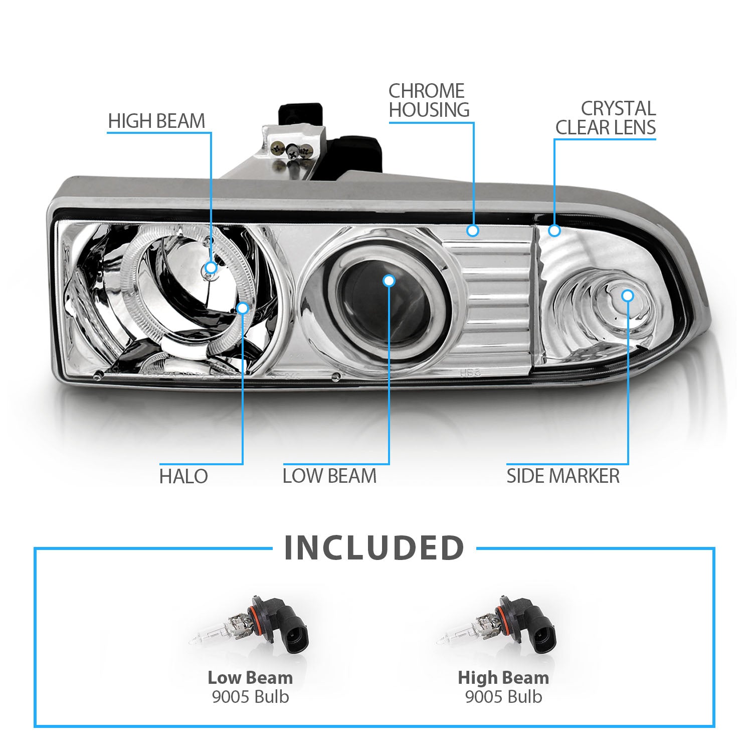 CHEVY S10/BLAZER 98-04 PROJECTOR HEADLIGHTS HALO CHROME CLEAR